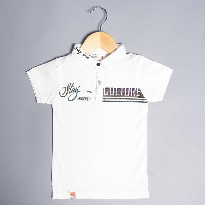 Solid White Collared Aesthetic T-Shirt for Boys Front View
