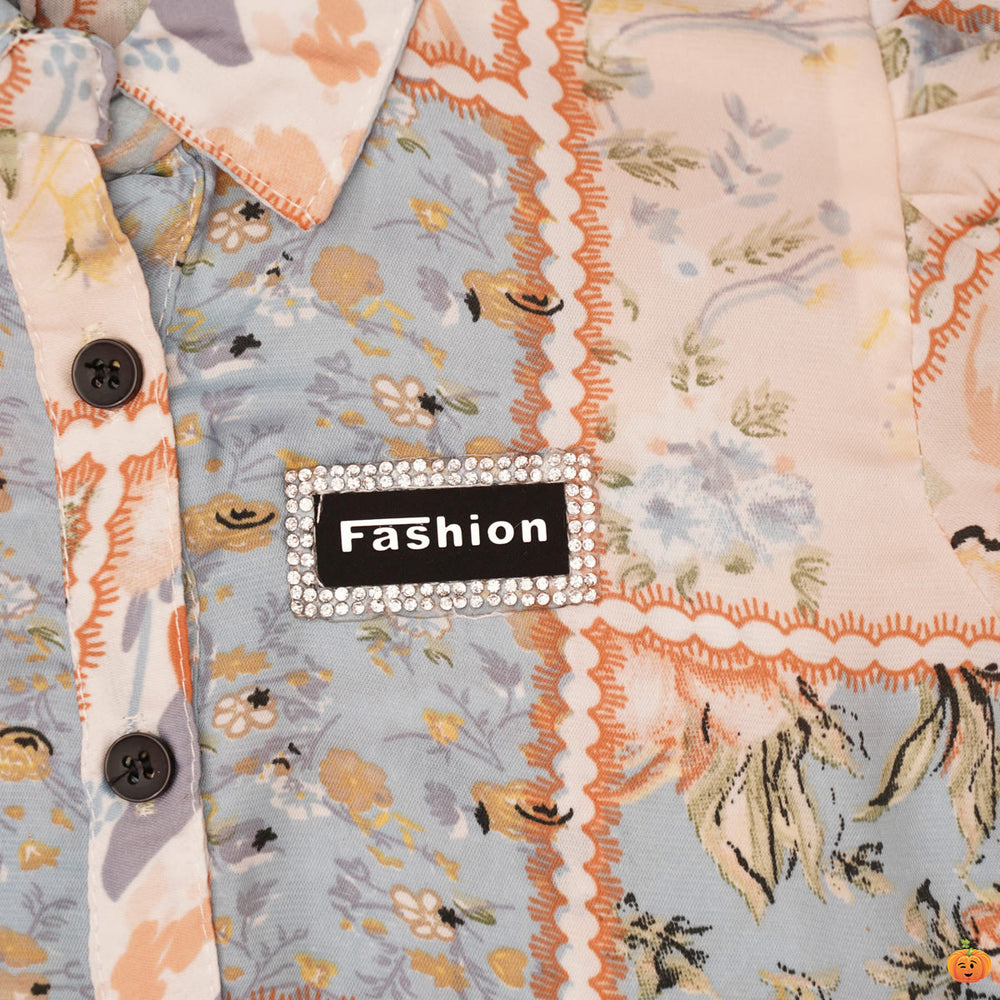 Collared Printed Top for Girls Close Up View