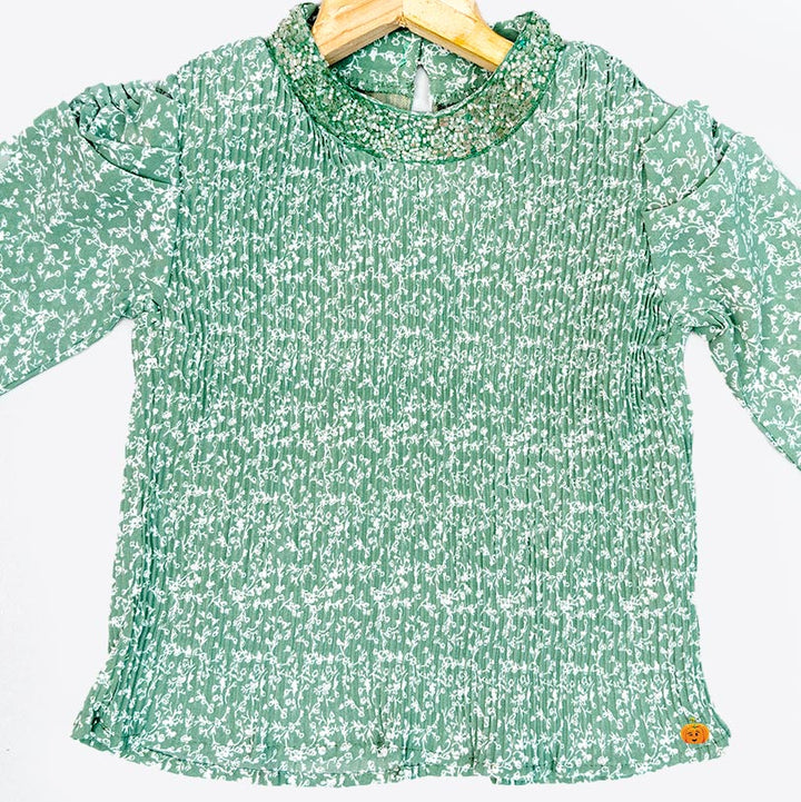 Green & Onion Printed Girls Top Close Up View