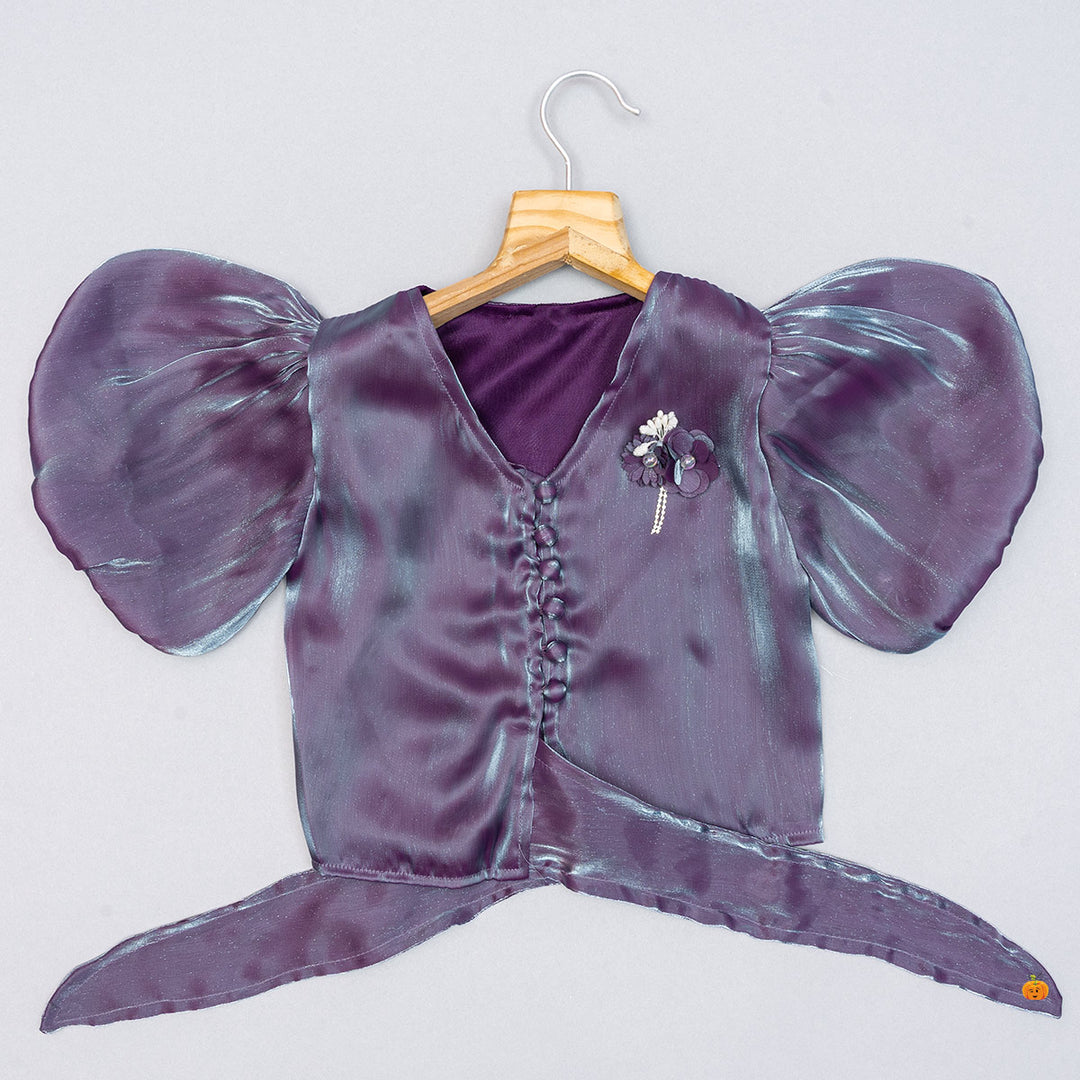 Fawn & Purple Puffed Sleeves Girls Top Front View