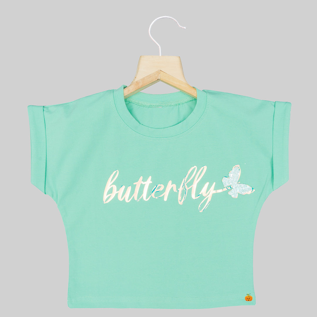 Green & Peach Half Sleeves Girls Top Front View