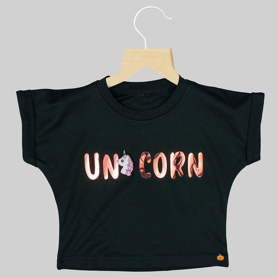 Green & Maroon Unicorn Top for Girls Front View