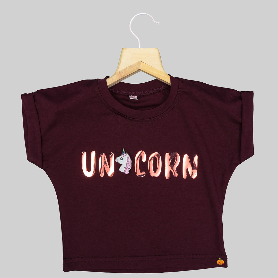 Green & Maroon Unicorn Top for Girls Front View