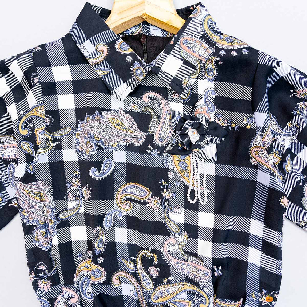 Collar Check Printed Top for Girls Close Up View