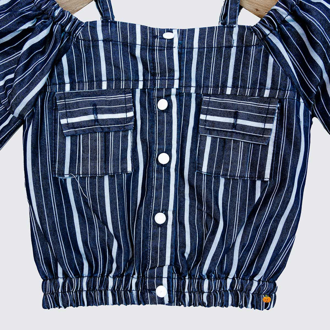 Puffy Sleeves Striped Girls Top Close Up View