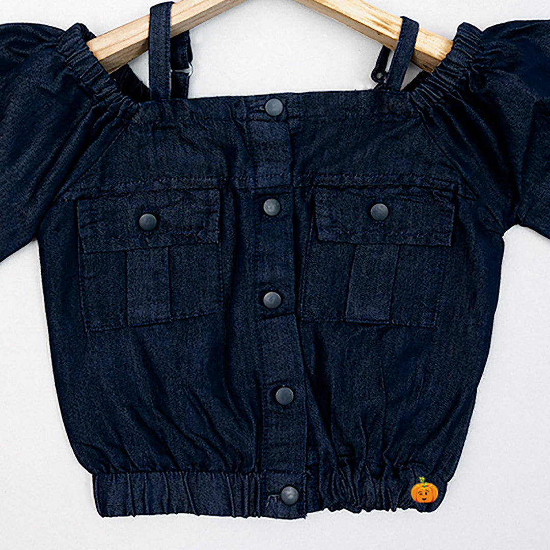 Navy Blue & Blue Denim Top for Girls Close Up View
