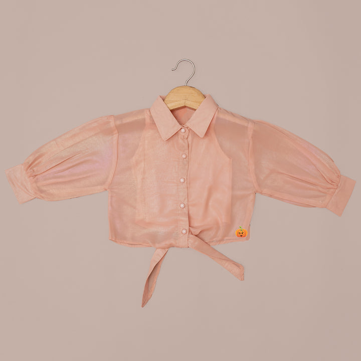 Peach & Sea Green Knotted Collared Girls Top Front View 