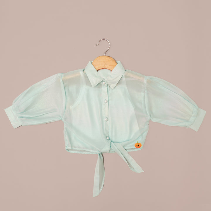 Peach & Sea Green Knotted Collared Girls Top Front View