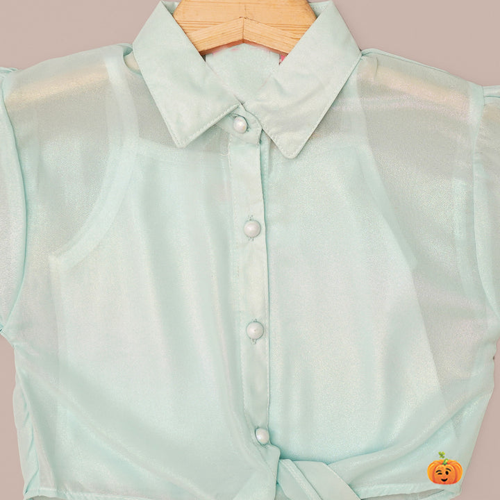 Peach & Sea Green Knotted Collared Girls Top Close Up View