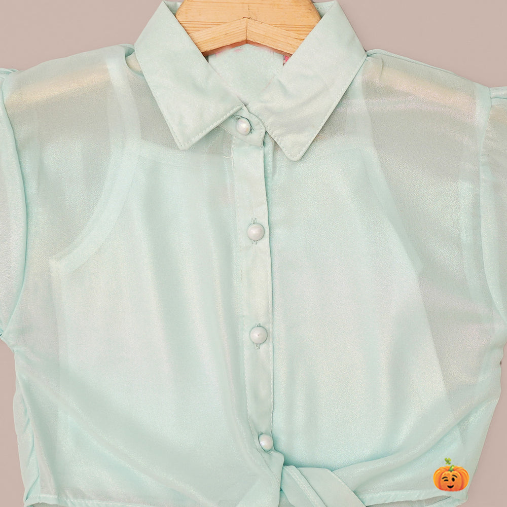 Peach & Sea Green Knotted Collared Girls Top Close Up View