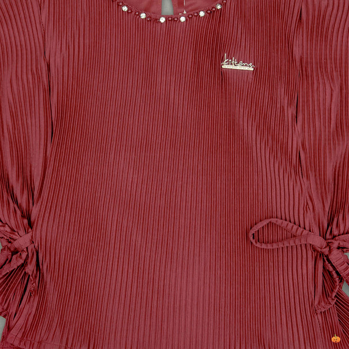 Maroon & Black Striped Girls Top Close Up View