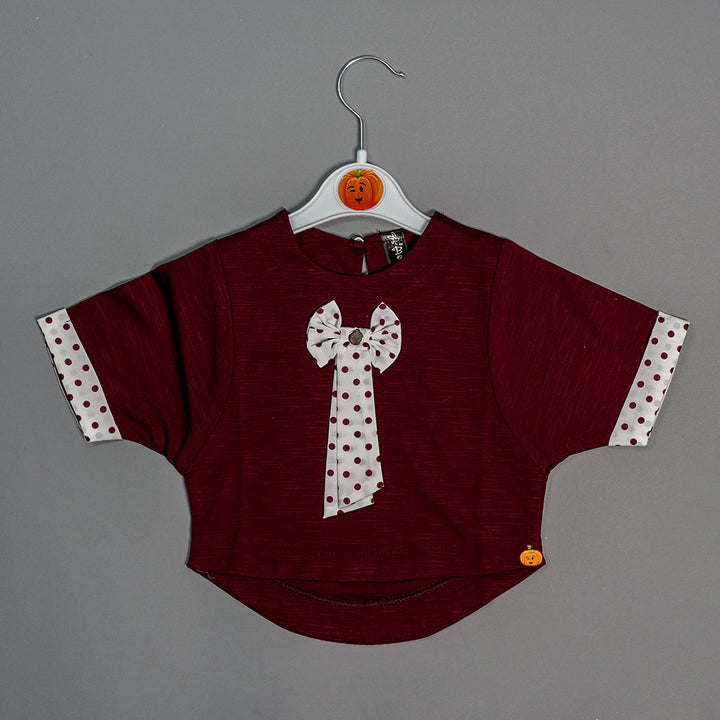 Half Sleeves Baby Girl Tops with Bow Tie Front View