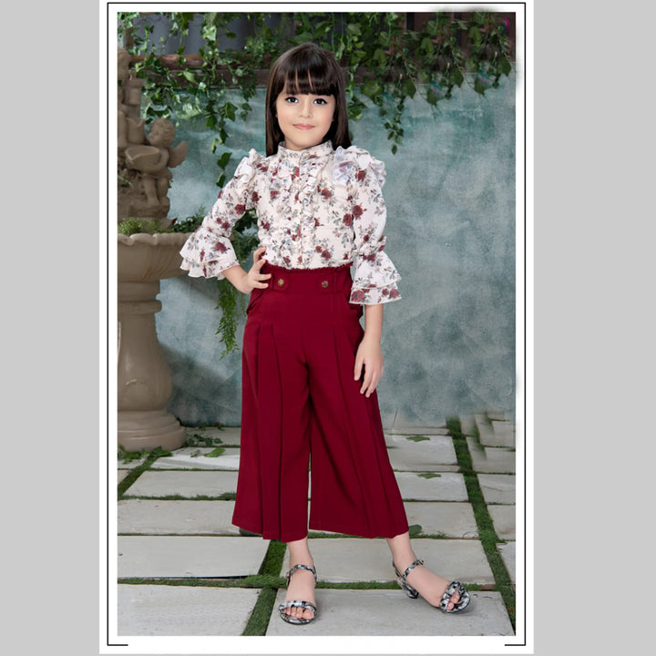 Maroon Floral Girls Palazzo Dress Model View