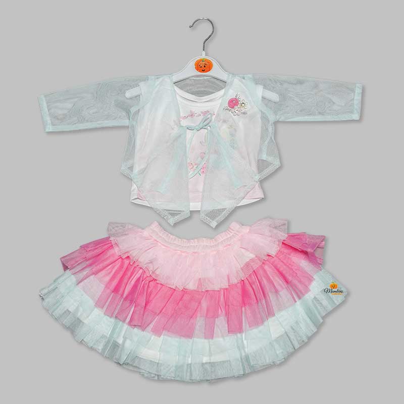 Western Set For Girls And Kids With Layered Pattern SkirtSea Green